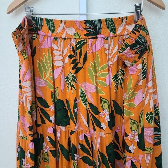 Eloquii Tiered Long Skirt Plus Size 26/28 Tropical Floral Print Orange Green - Picture 2 of 8